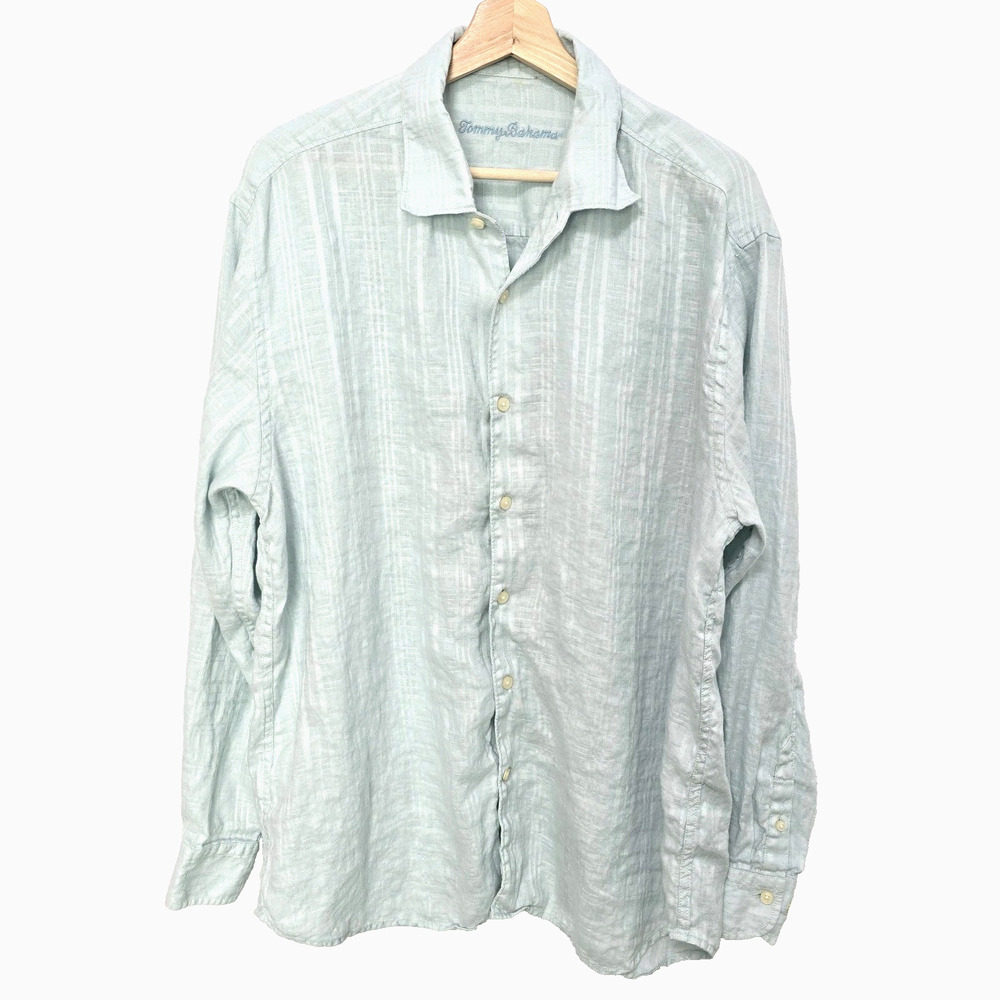 Tommy‎ Bahama Relax 100% Linen Aqua Blue Long Sleeve Shirt Large Vacation Beach